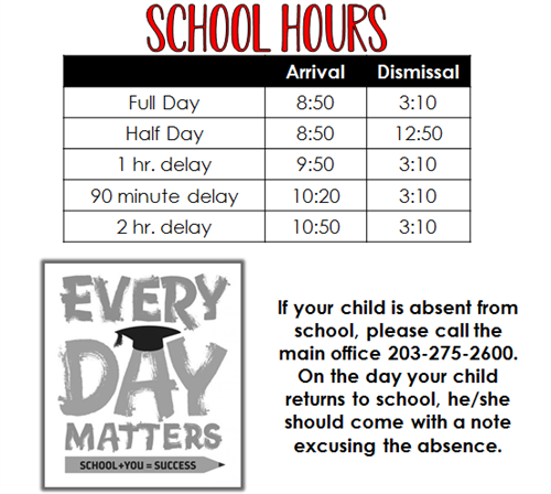 Our school day hours are 8:50-3:10. Students dismiss at 12:50 on a half day. 